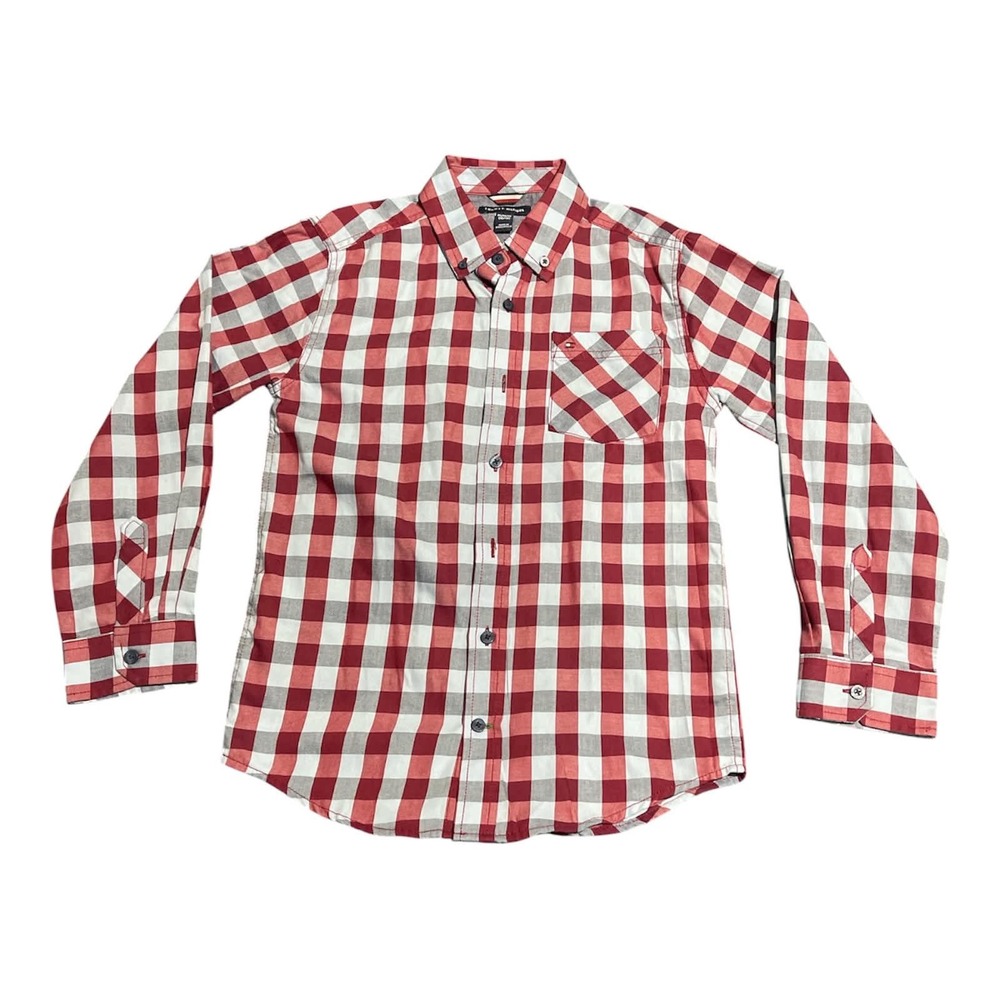 Tommy Hilfiger Button Down Shirt Boys M 10/12 Red Gingham Plaid Long Sleeve Logo